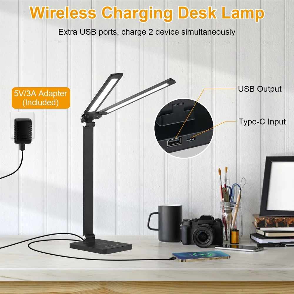 Wireless charging desk lamp with dual USB ports, featuring a sleek design, adjustable lamp arm, and included 5V/3A adapter, perfect for charging devices while working or studying.