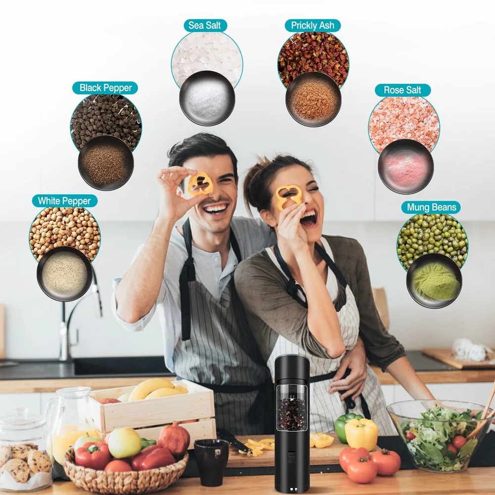 Couple cooking in a modern kitchen, featuring a spice grinder surrounded by various spices including black pepper, white pepper, sea salt, prickly ash, rose salt, and mung beans, alongside colorful fruits and vegetables.