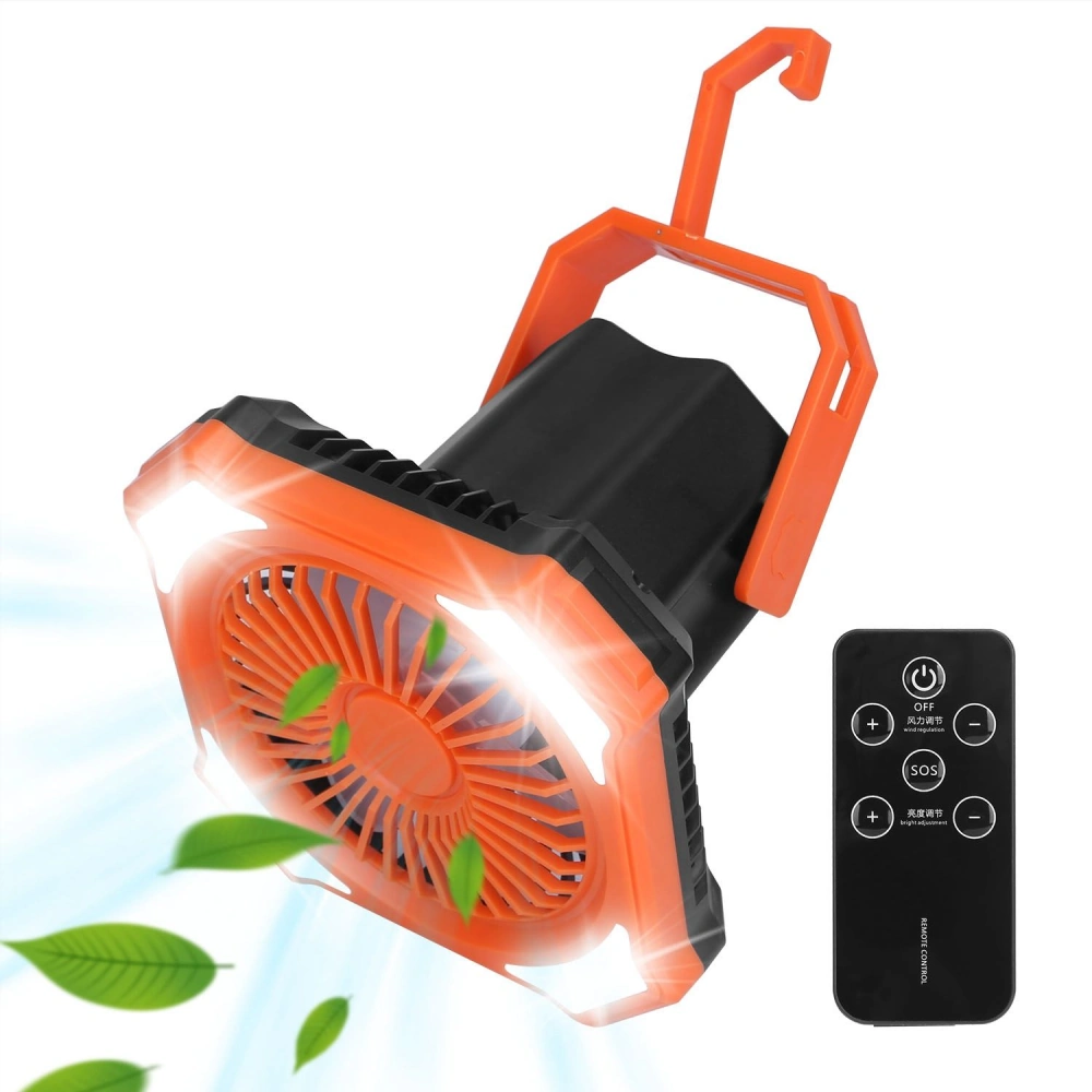 Portable LED fan with remote control, featuring orange accents, hanging hook, and airflow graphic with leaves.