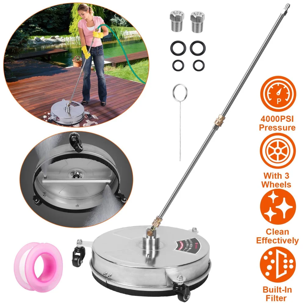High-pressure surface cleaner attachment for pressure washers, featuring a 4000 PSI capability, three wheels for easy maneuvering, and a built-in filter for effective cleaning of patios and decks.