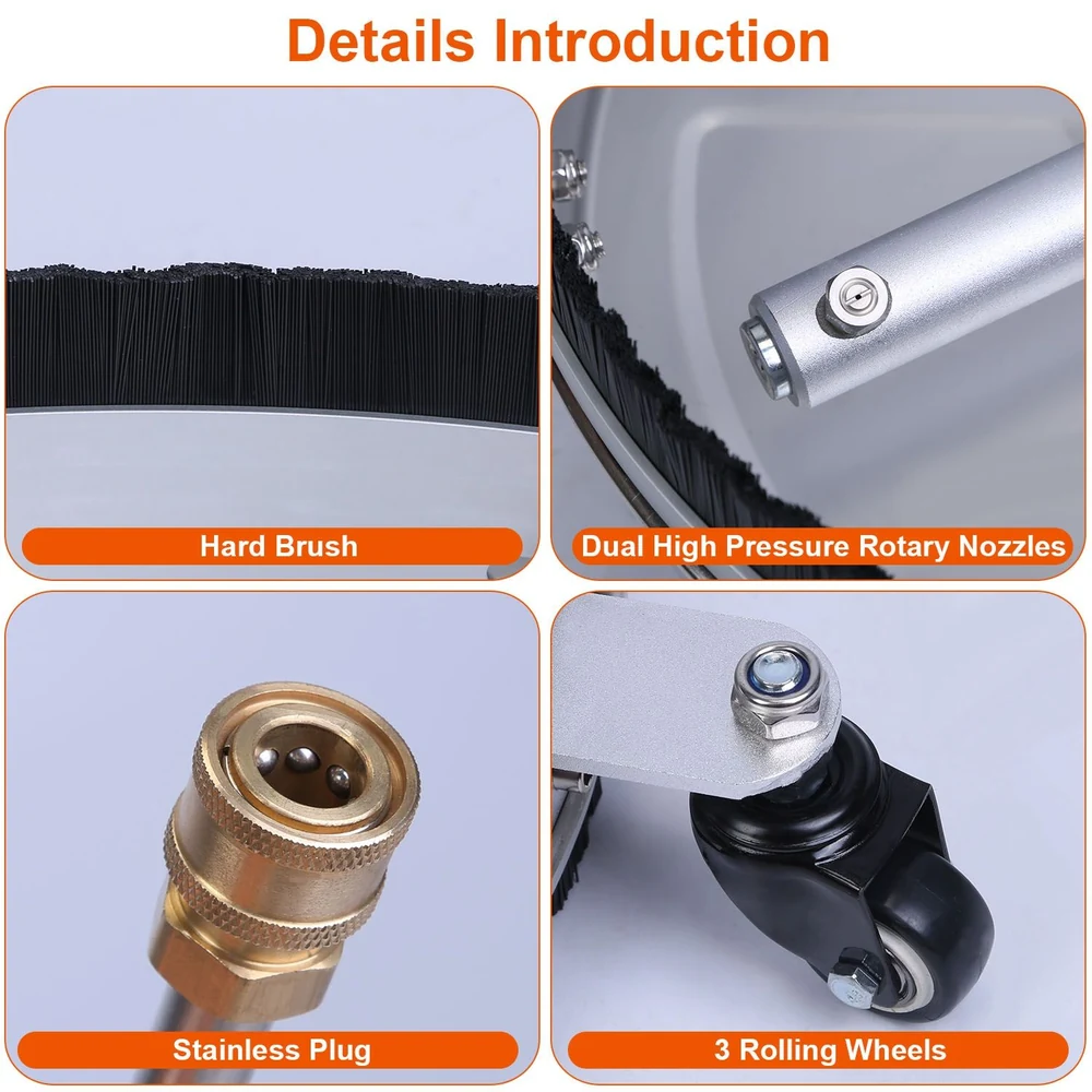 Product image showcasing a cleaning tool with a hard brush, dual high-pressure rotary nozzles, a stainless plug, and three rolling wheels for easy maneuverability.