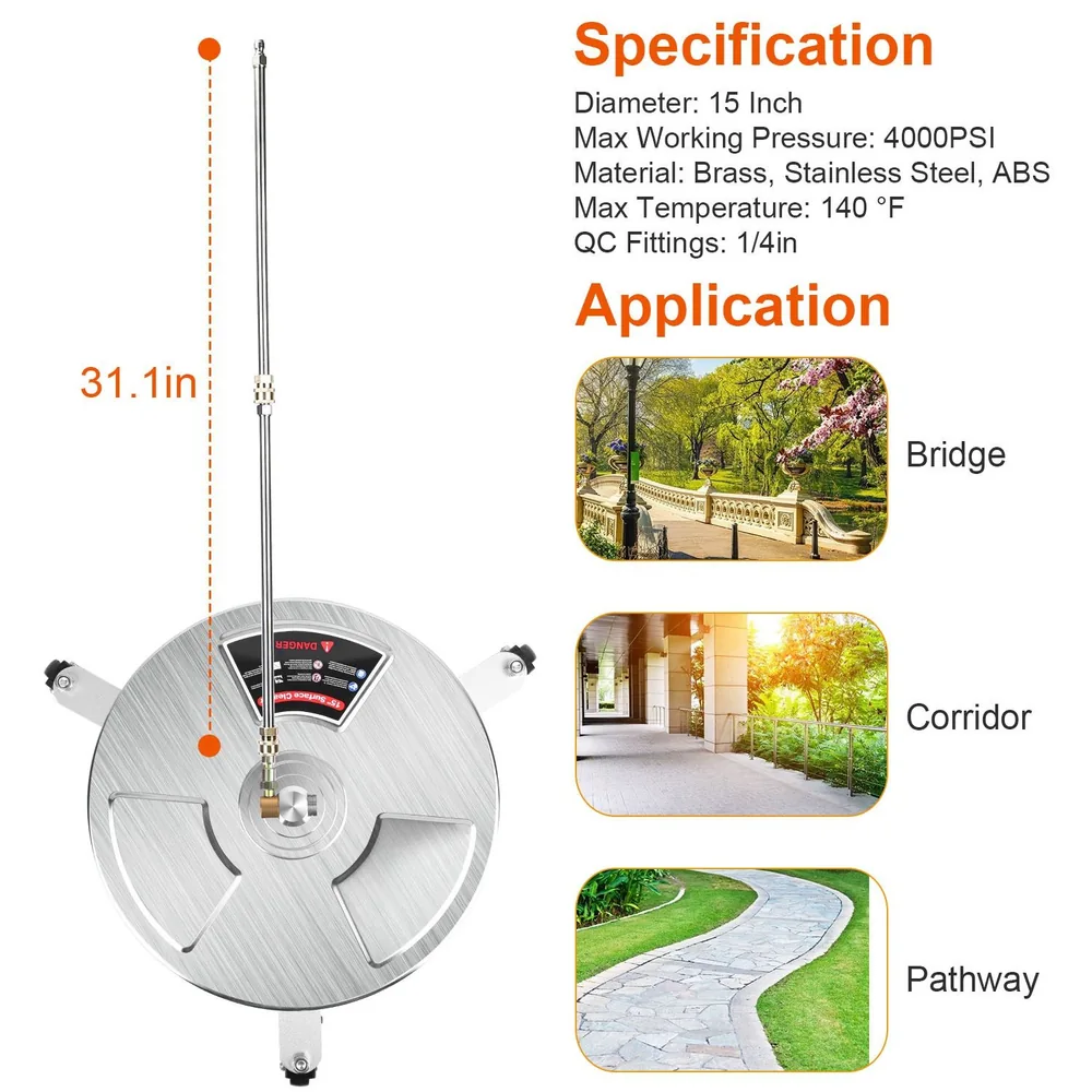15-inch stainless steel pressure washer surface cleaner with 31.1-inch height, designed for efficient cleaning of pathways, corridors, and bridges, featuring brass and ABS materials and a maximum pressure of 4000 PSI.