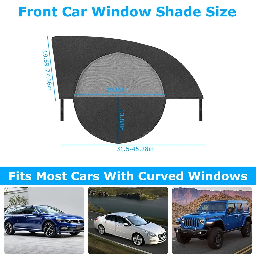 Front car window shade with dimensions, designed to fit most vehicles with curved windows, showcasing compatibility with various car models.