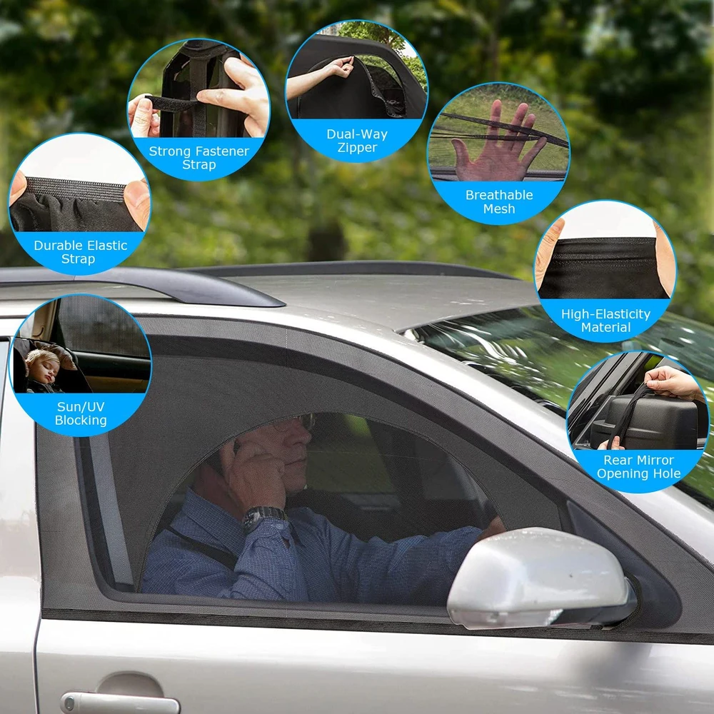 Car window sunshade featuring breathable mesh design, durable elastic straps, dual-way zipper, and UV blocking capabilities for enhanced driver comfort and visibility.