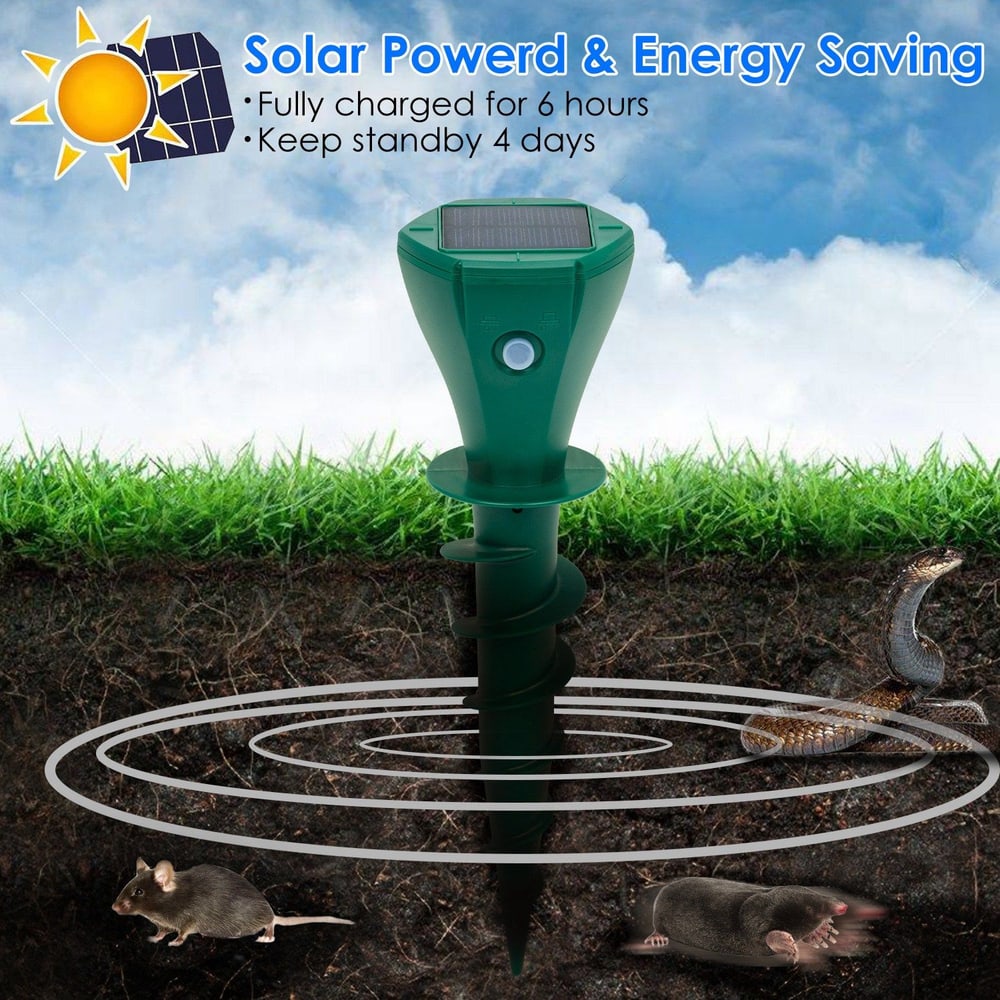Solar-powered pest repeller device with a sleek green design, designed to create underground vibrations to deter mice and snakes, fully charged in 6 hours, providing up to 4 days of standby power.