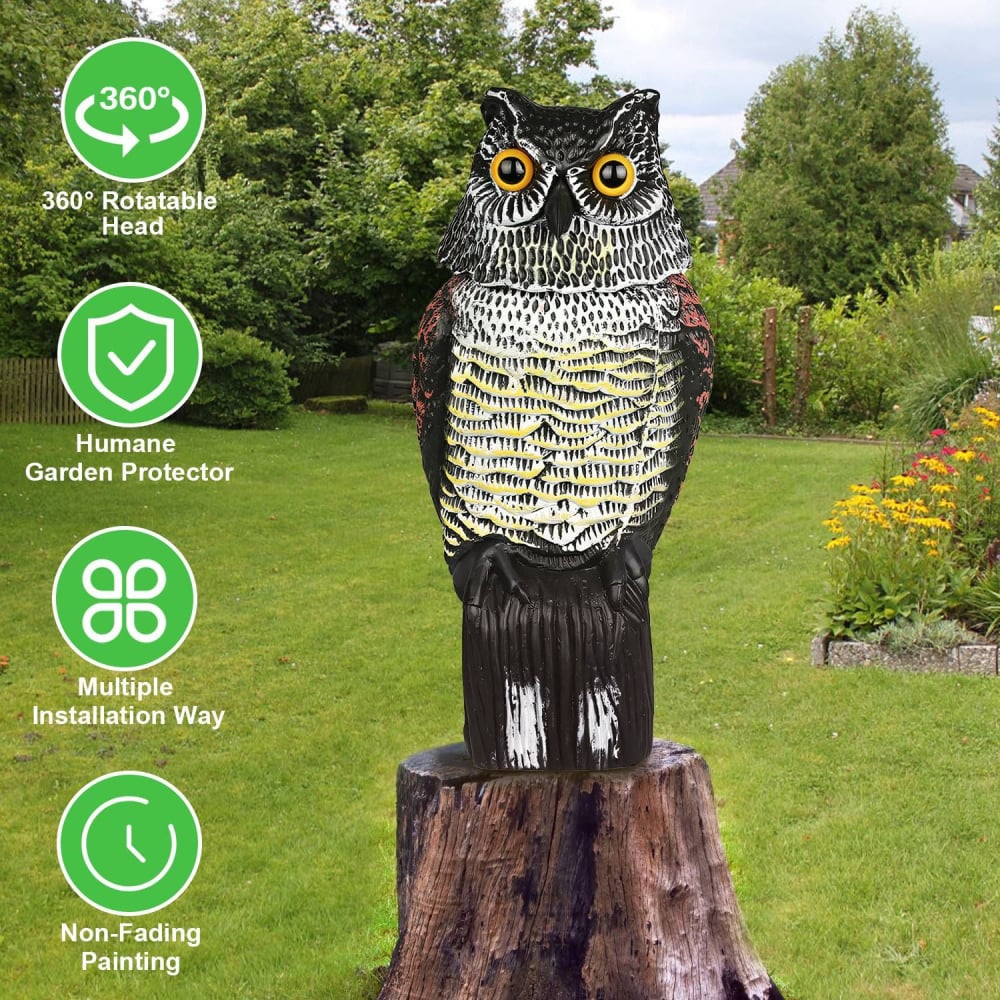 Realistic owl garden statue with a 360-degree rotatable head, ideal for humane pest control; features non-fading paint and multiple installation options in a vibrant garden setting.