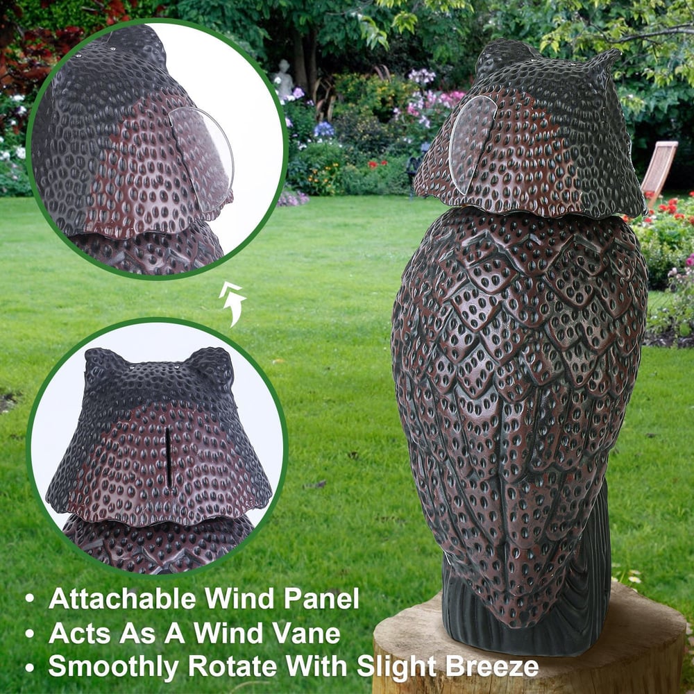 Owl-shaped garden wind vane with a detailed textured surface and an attachable wind panel, designed to smoothly rotate in the breeze, set against a lush garden backdrop.