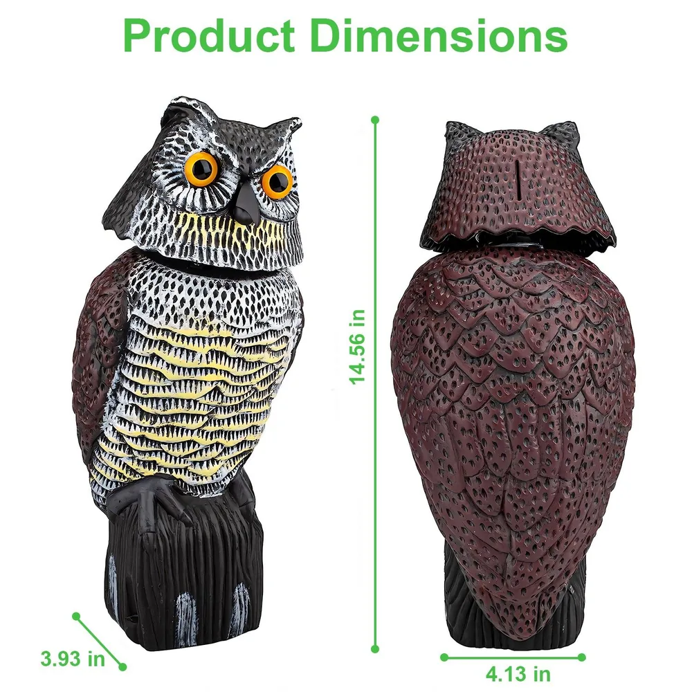 Owl decoration figurine with dimensions 14.56 inches tall, 4.13 inches wide, and 3.93 inches deep, featuring realistic detailing and vibrant colors.