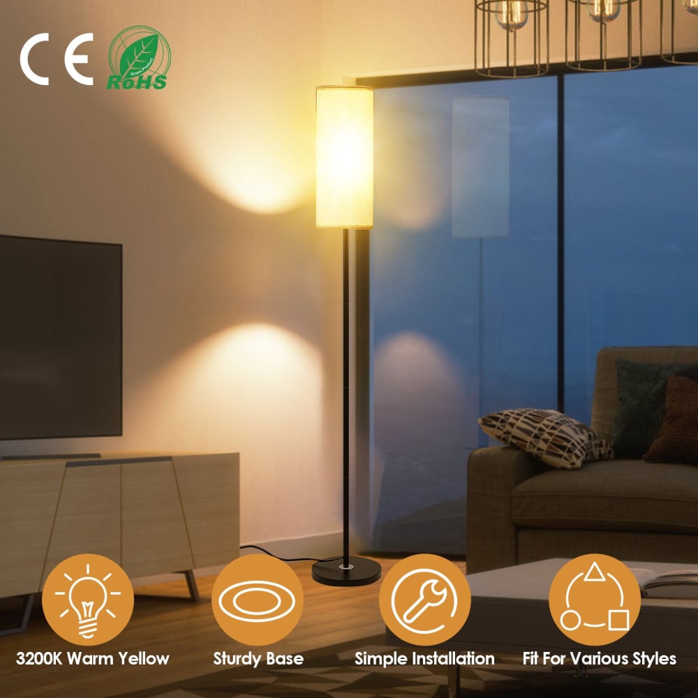 Modern floor lamp with a 3200K warm yellow glow, sturdy base, and minimalistic design, enhancing home decor in a cozy living room setting.