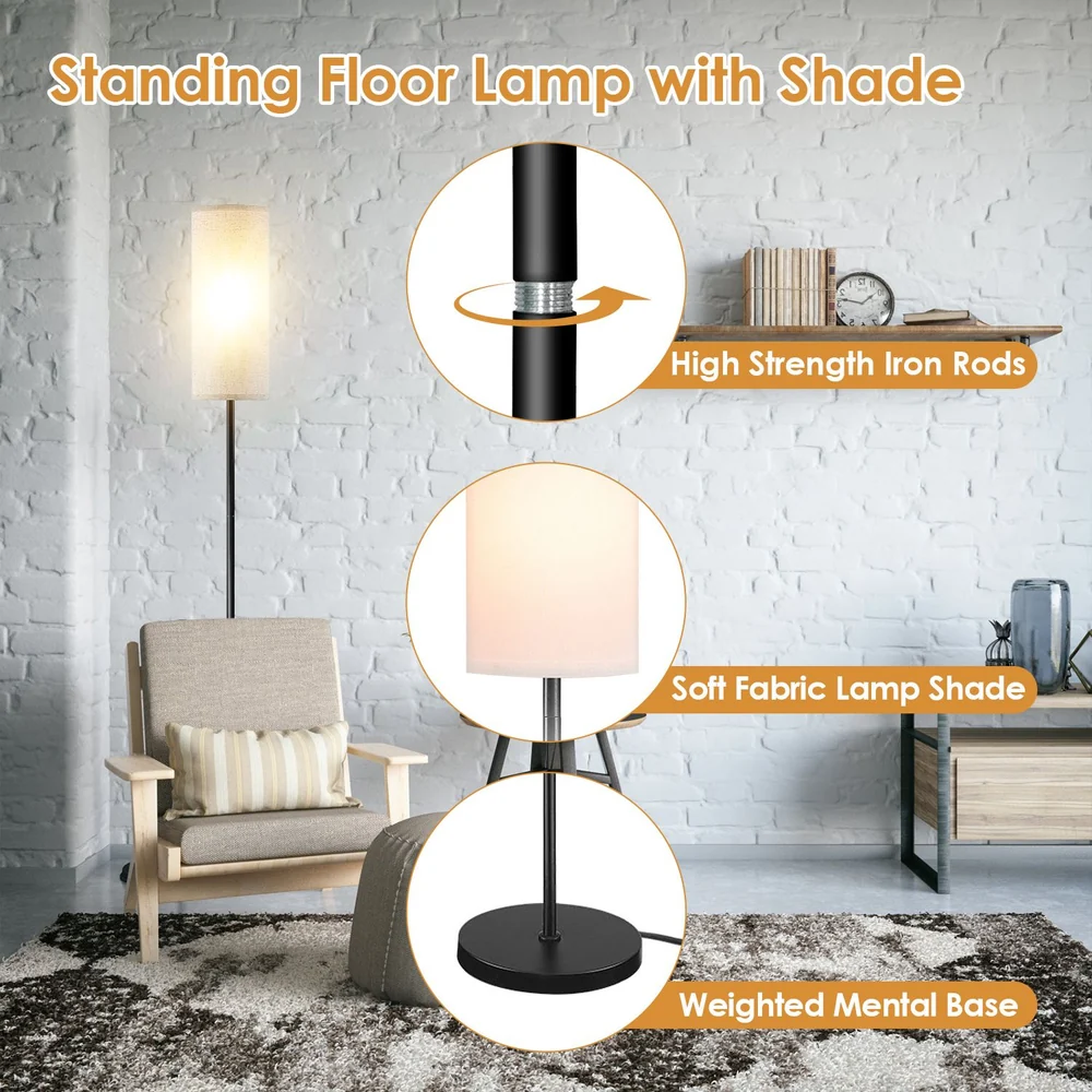 Standing floor lamp with a soft fabric shade, featuring high-strength iron rods and a weighted metal base, set in a stylish living room environment.