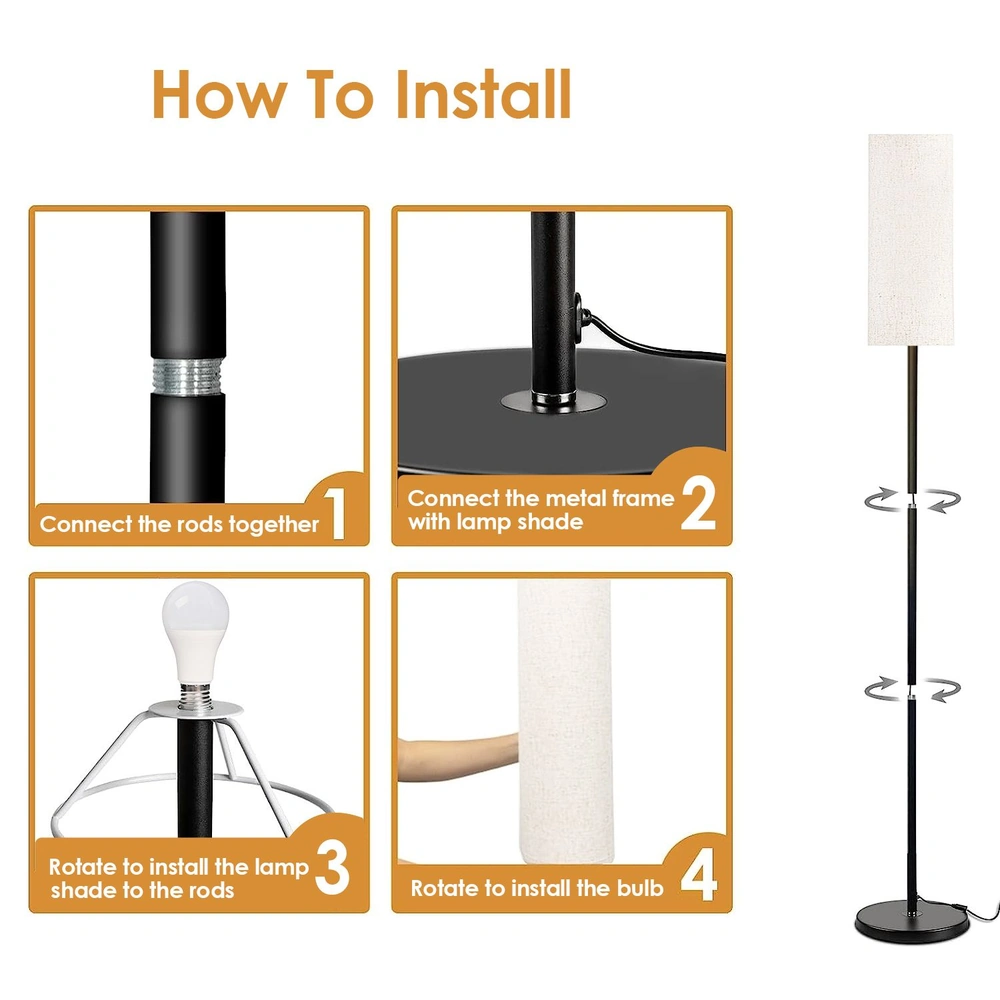 Instructional image showing the installation steps for a black floor lamp, including connecting rods, attaching the lamp shade, and installing the bulb.