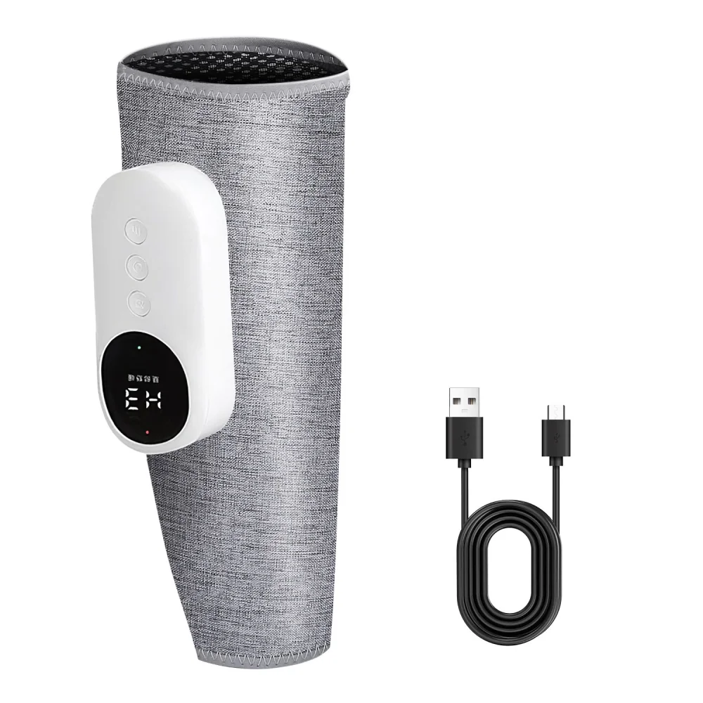 Portable electric knee massager with adjustable heat settings and USB charging cable in gray fabric design.