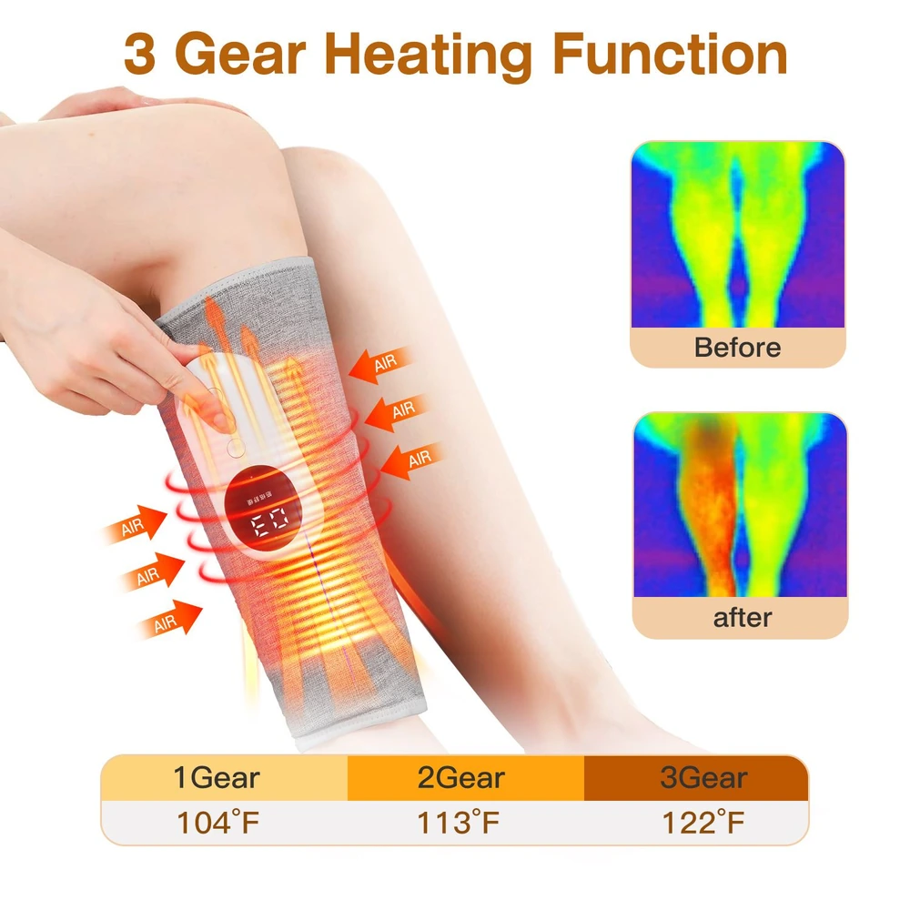 Heating leg wrap with adjustable temperature settings, demonstrating 3 gear heating function (104°F, 113°F, 122°F) and improvement in blood circulation shown in before and after thermal images.