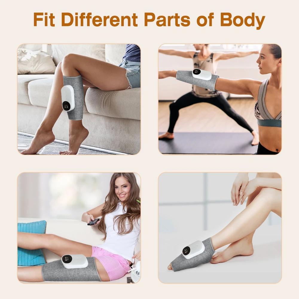 Image showcasing a versatile body massager designed for different parts of the body, featuring individuals using it on their legs and arms in various settings, including home relaxation and yoga practice.