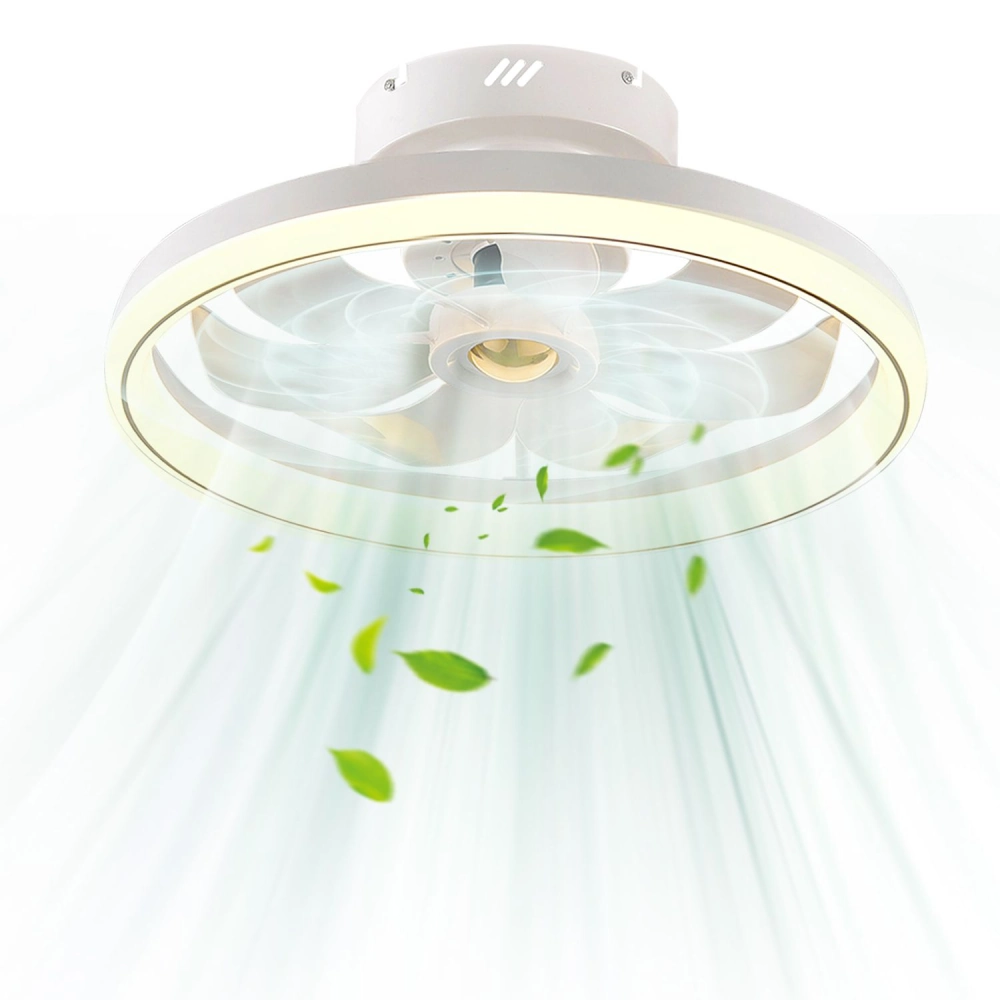 Modern ceiling fan with integrated LED lights, featuring a sleek white design and an innovative bladeless airflow system, gently dispersing fresh leaves for a refreshing ambiance.