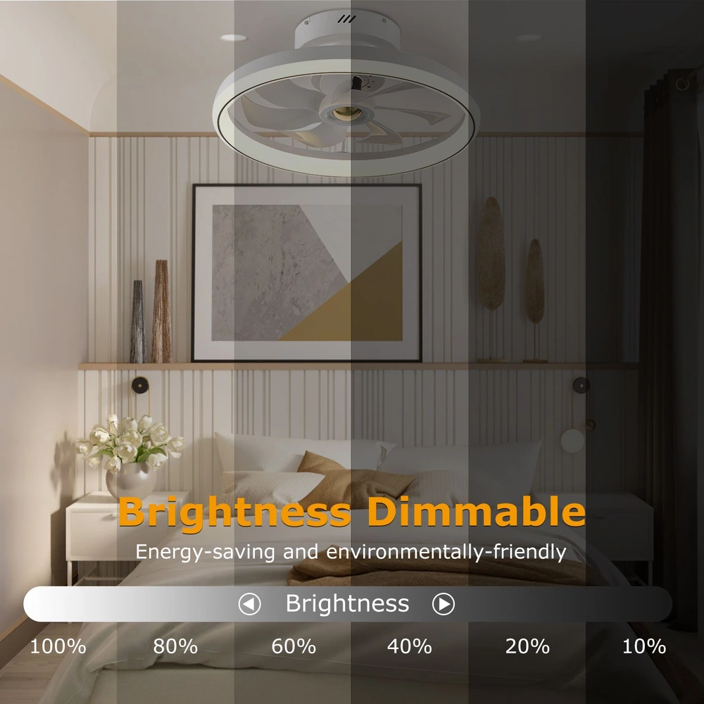 Dimmable ceiling fan light in a modern bedroom, featuring adjustable brightness levels from 10% to 100%, highlighting energy-saving and eco-friendly design.
