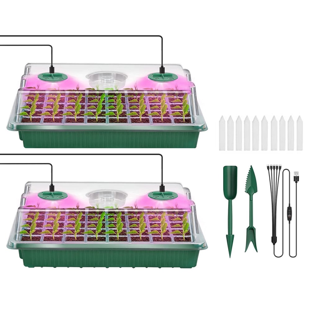 Hydroponic seed starter kit with LED grow lights, two planting trays filled with seedlings, and gardening tools including a shovel, spade, and USB cable for easy setup and plant growth.