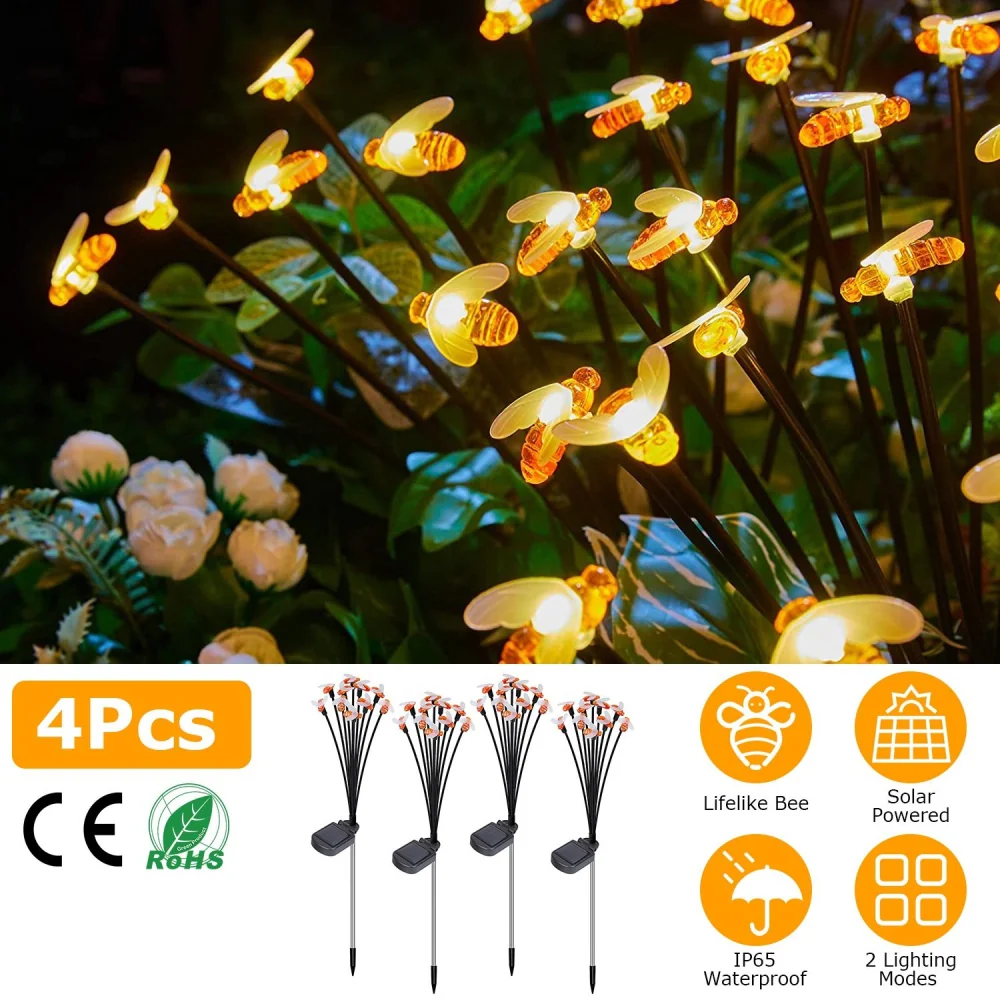 Solar-powered LED garden lights shaped like lifelike bees, designed for outdoor decoration with IP65 waterproof rating, featuring 2 lighting modes, sold as a set of 4 pieces.