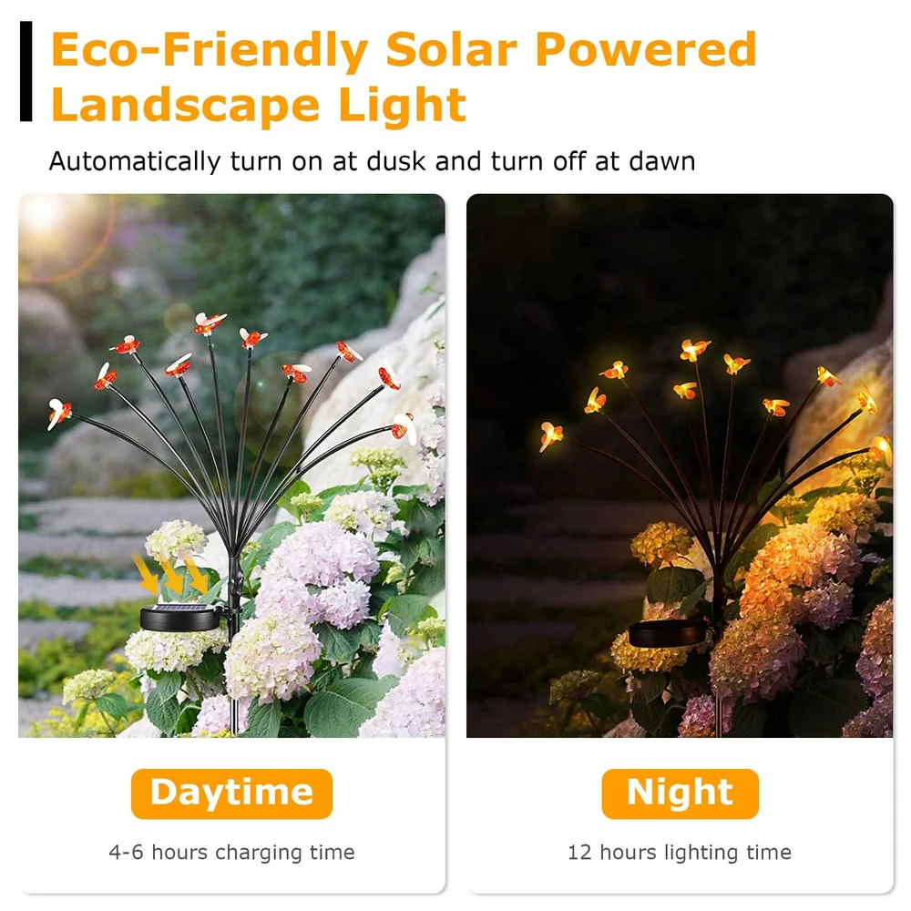 Eco-friendly solar powered landscape light featuring decorative flower designs, demonstrating daytime charging and nighttime illumination, perfect for enhancing garden aesthetics.