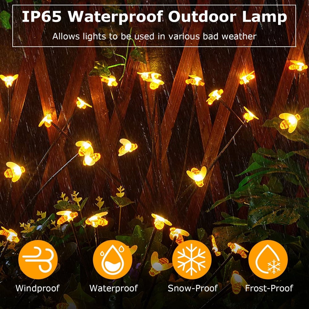 IP65 waterproof outdoor lamp featuring warm yellow lights shaped like bees, designed for durability in various weather conditions including wind, rain, snow, and frost.