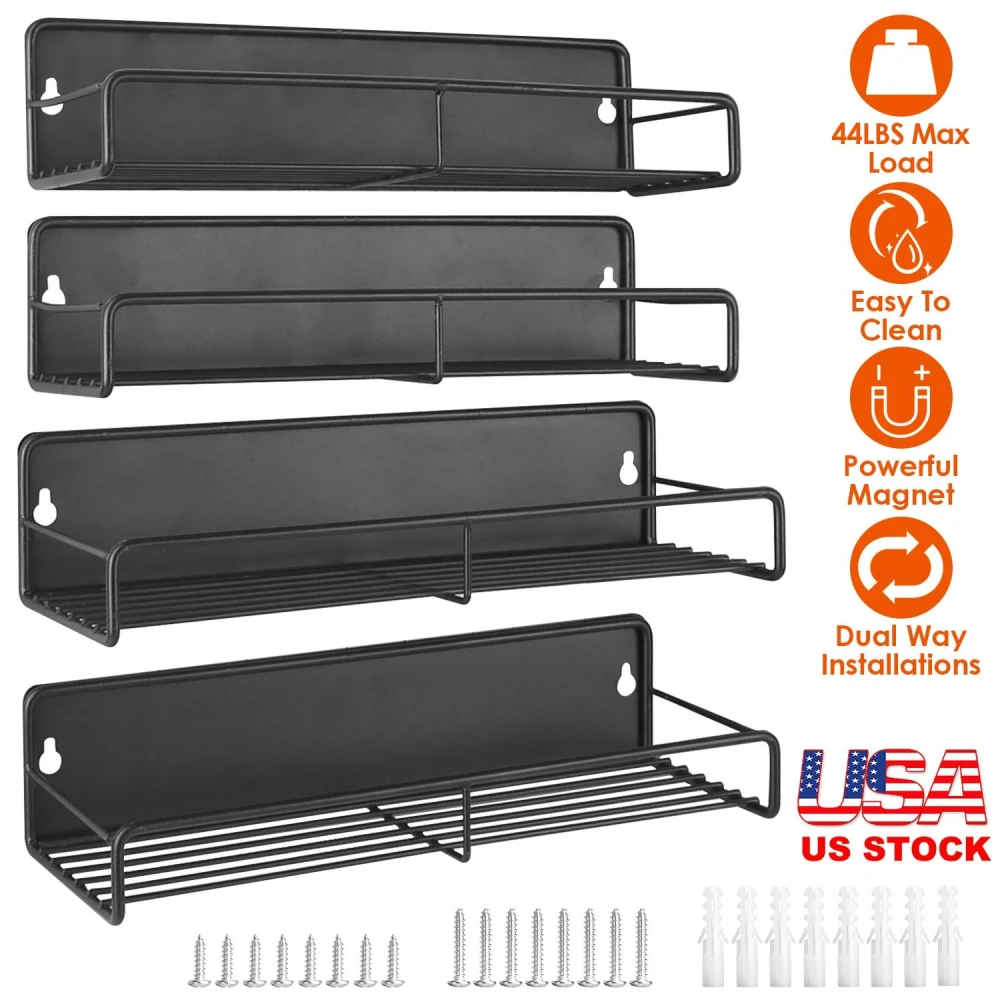 Four black magnetic wall shelves with various load capacities, featuring easy-to-clean surfaces, dual installation options, and included mounting hardware.