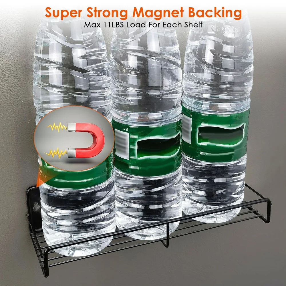 Magnetic bottle holder shelf with three water bottles, featuring super strong magnet backing and a maximum load of 11 lbs per shelf for secure storage.