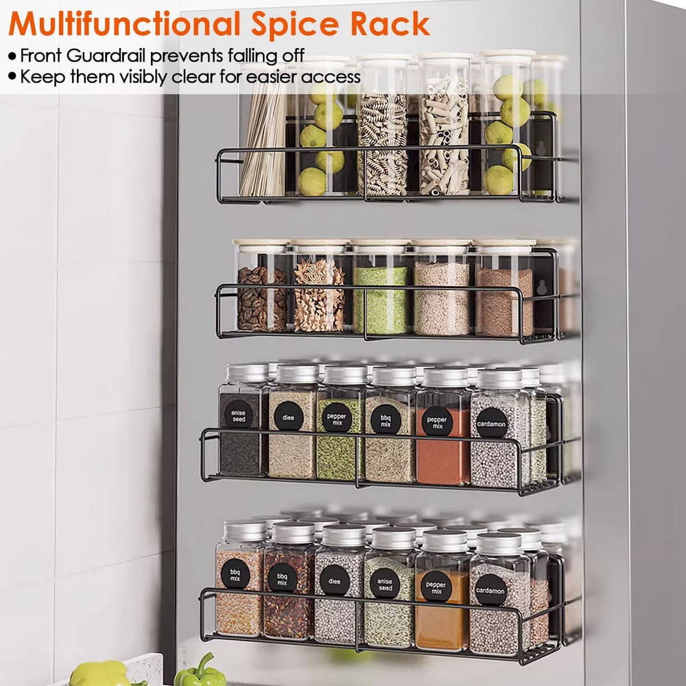 Multifunctional spice rack with four tiers of organized jars; features clear containers for easy visibility, labeled spices, and a front guardrail for secure storage on a kitchen wall.