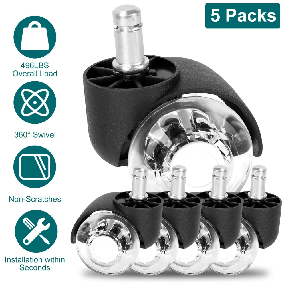 Clear swivel caster wheels pack of five, 496 lbs weight capacity, scratch-free design, easy installation.