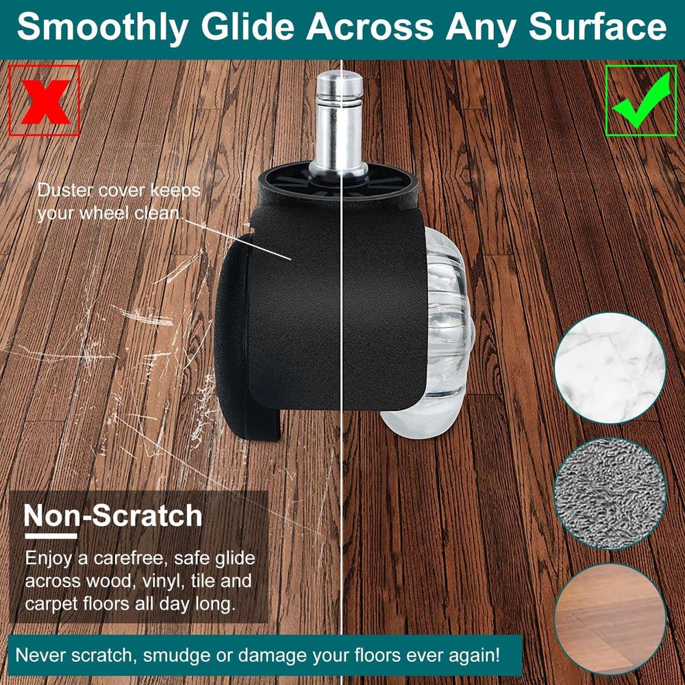 Image of a non-scratch chair caster wheel designed for smooth gliding on various surfaces, demonstrating its protective duster cover and showcasing compatibility with wood, vinyl, tile, and carpet flooring.