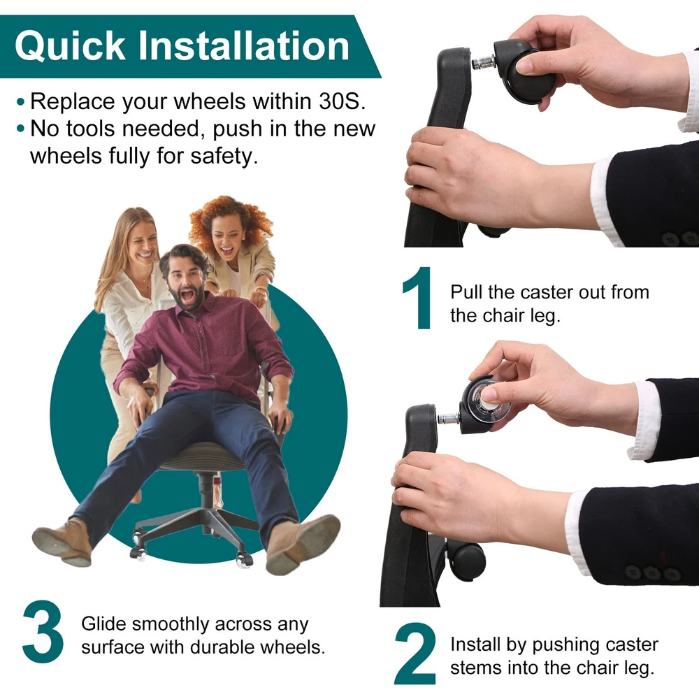 Instructional image demonstrating the quick installation of replacement caster wheels for office chairs, showcasing steps to remove and install wheels without tools for smooth gliding across surfaces.