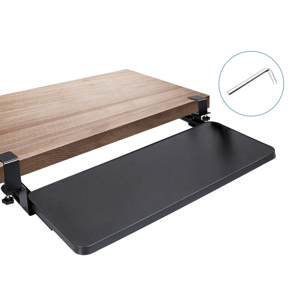Adjustable desktop shelf with a sleek wooden top and sturdy black extension, featuring an assembly hex key for easy installation.