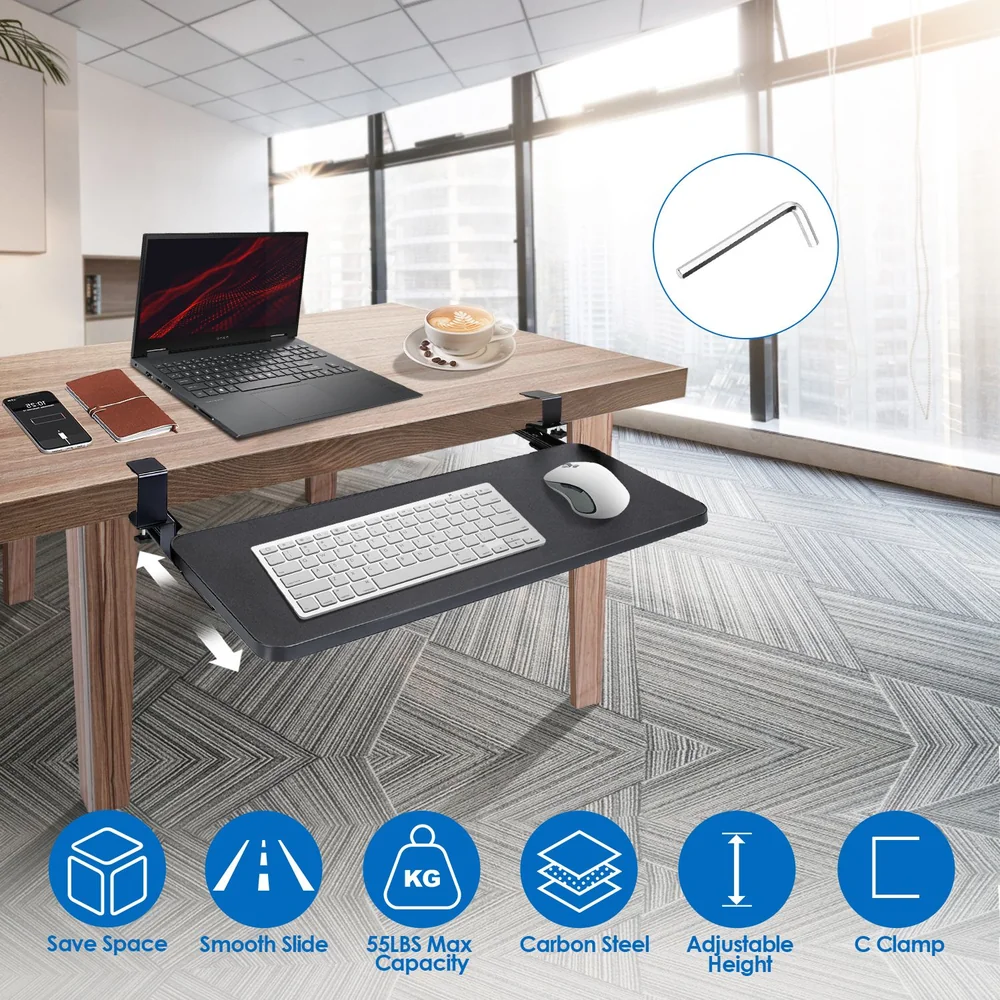 Adjustable keyboard tray with smooth sliding feature, carbon steel construction, and 55lbs weight capacity, mounted under a wooden desk alongside a laptop, phone, and coffee cup in a modern office setting.