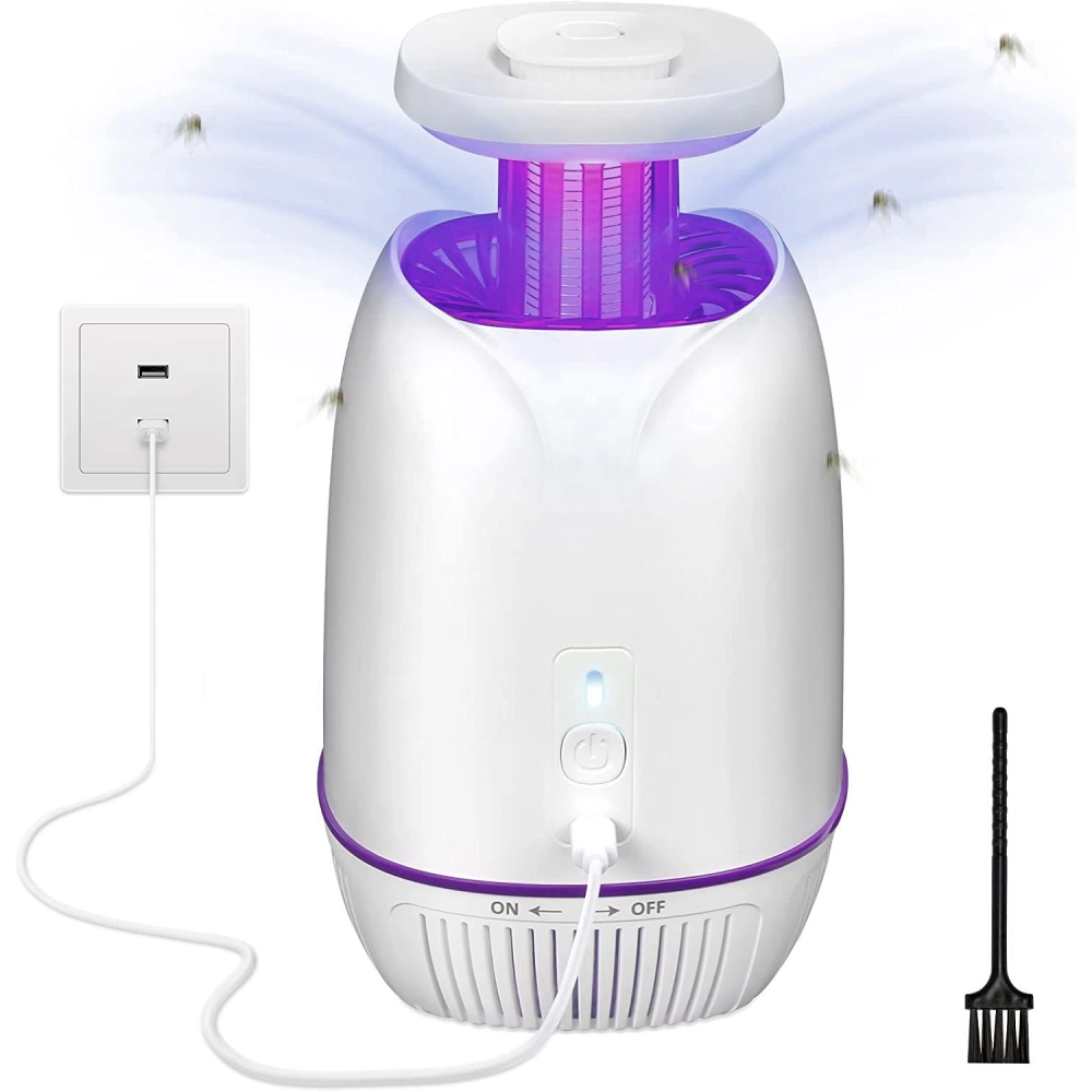 Compact electric mosquito trap with UV light, power switch, and cleaning tool, ideal for indoor use.