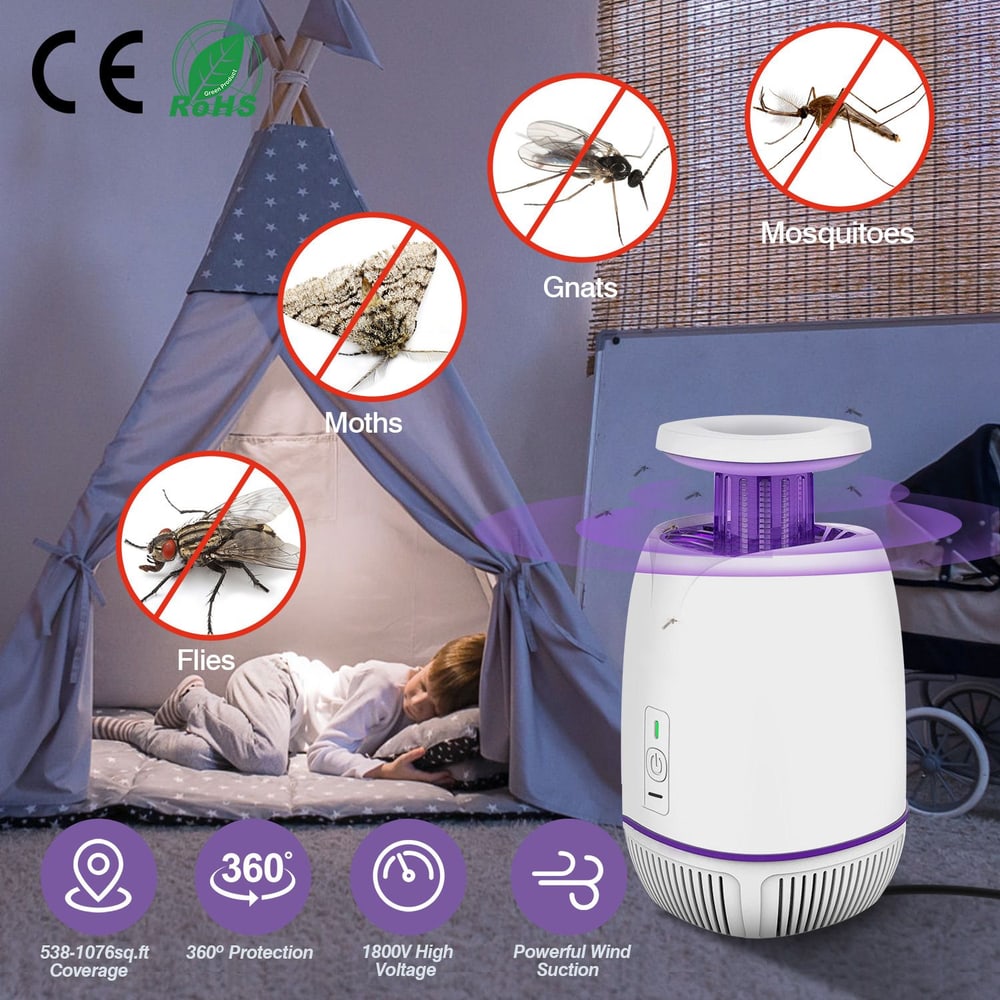 Ultrasonic insect trap lamp efficiently capturing mosquitoes, gnats, moths, and flies, designed for indoor use with 360-degree protection and powerful suction, enhancing comfort for sleeping children.