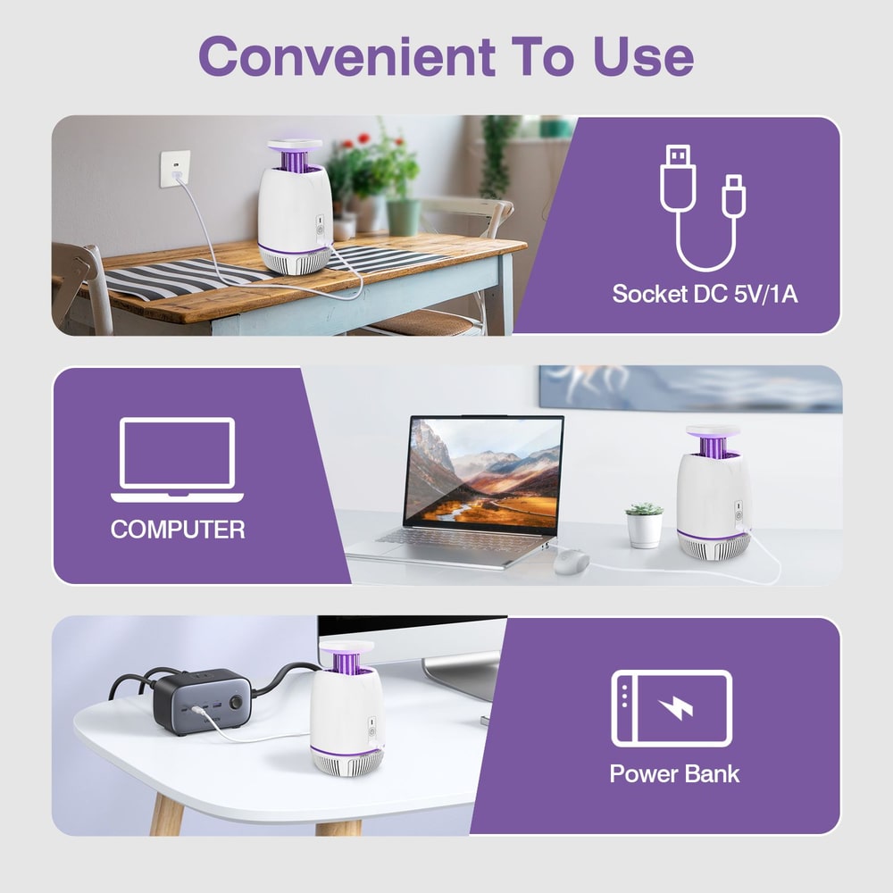 Image showing a versatile small appliance compatible with a wall socket, computer, and power bank, illustrating its convenient charging options for home and office use.