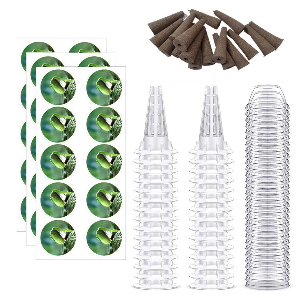 Set of plant labels, biodegradable seed starter cones, and clear plastic plant markers, featuring green leaf design stickers for easy identification and organization in gardening.