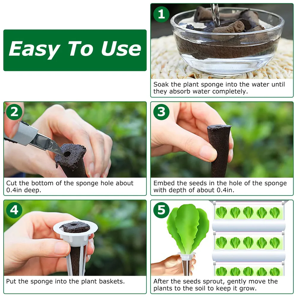 Step-by-step instructions on using a plant sponge for seed germination, showing soaking, cutting, embedding seeds, placing in baskets, and transplanting sprouts.