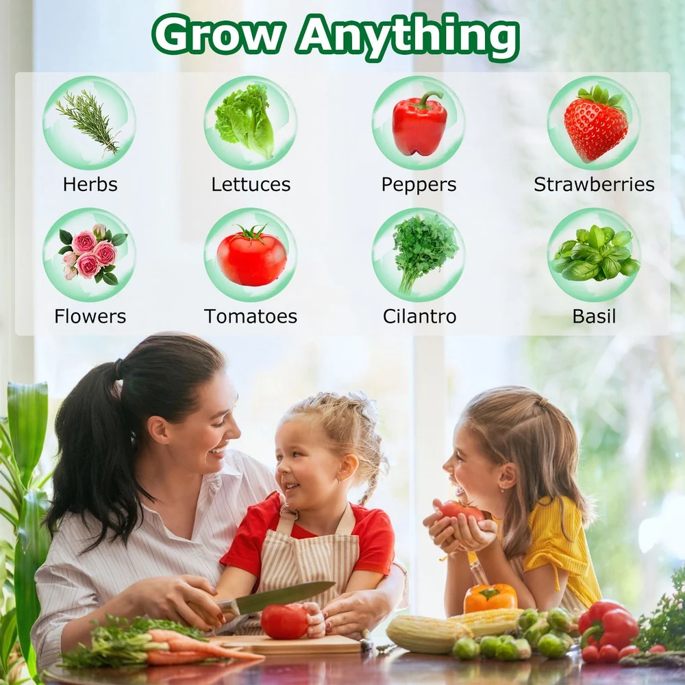 A mother and two children engaged in gardening activities, surrounded by fresh produce like tomatoes, herbs, and flowers, with a text banner above that says "Grow Anything."