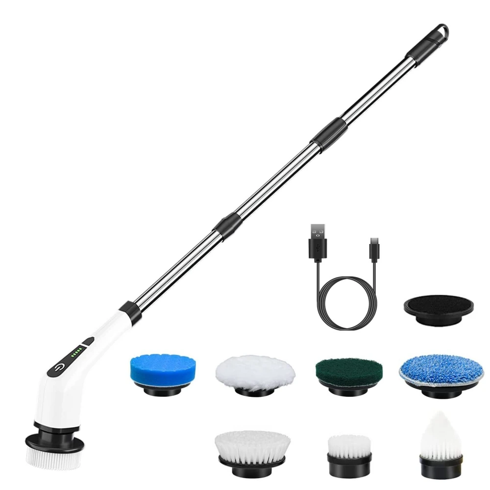 Electric cleaning scrubber brush with extendable handle, eight interchangeable scrubbing pads, and USB charging cable for versatile home cleaning.