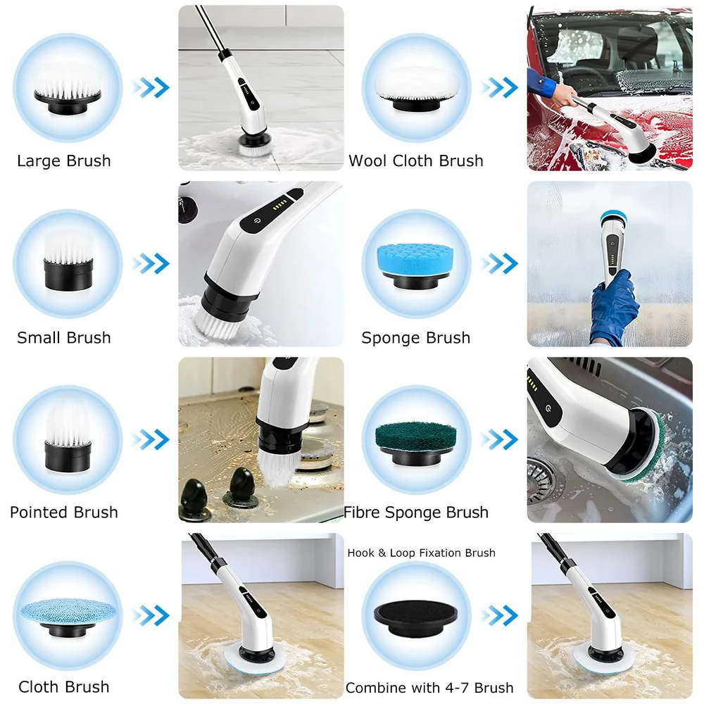 Versatile cleaning brush set with ergonomic handle, showcasing various brush attachments including large, small, wool cloth, sponge, pointed, cloth, fiber sponge, and hook & loop fixation brushes, designed for efficient cleaning on different surfaces.