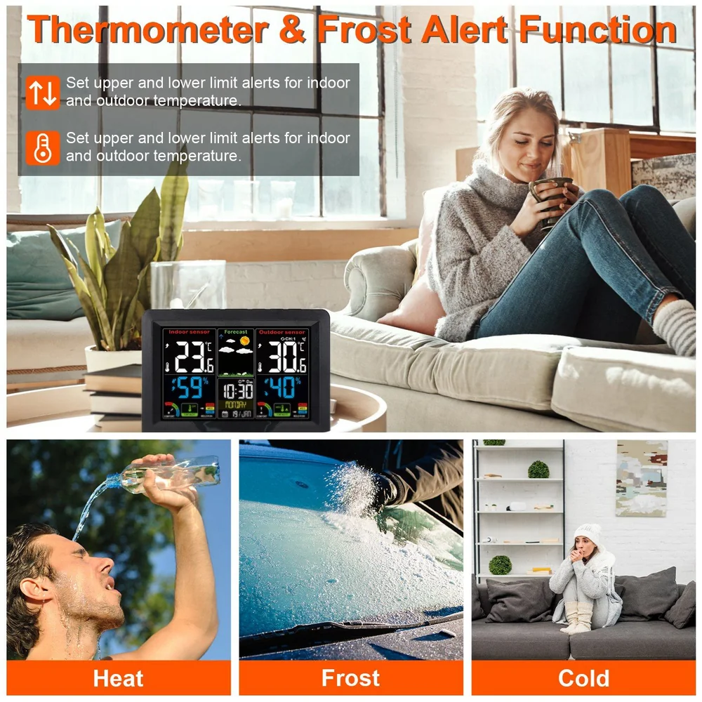 Digital thermometer with frost alert function displaying indoor and outdoor temperatures, featuring easy-to-read icons and user-friendly settings for temperature alerts.