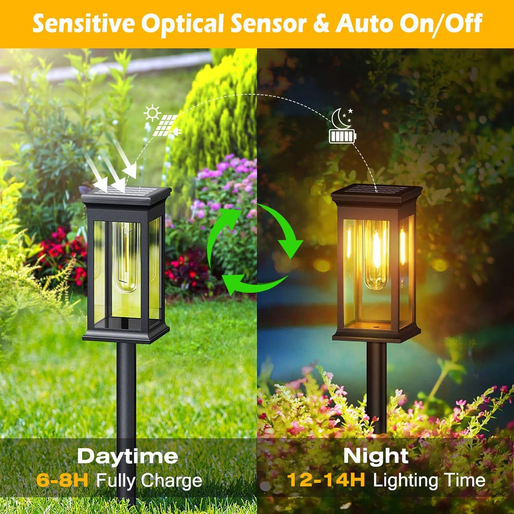 Solar-powered outdoor lantern with sensitive optical sensor, showcasing daytime charging and automatic night lighting features, set in a vibrant garden.