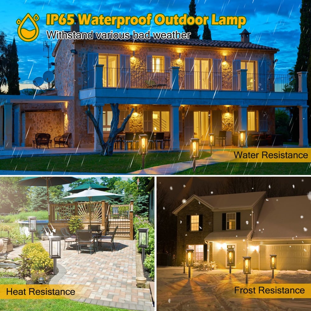 IP65 waterproof outdoor lamp showcased in a split image, designed to withstand rain, heat, and frost; featuring stylish lanterns illuminating garden and patio settings.