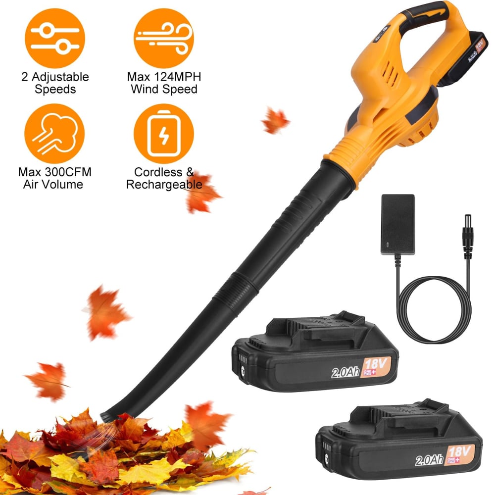 Cordless electric leaf blower with adjustable speeds, max wind speed of 124MPH, and two rechargeable 18V batteries, surrounded by autumn leaves.