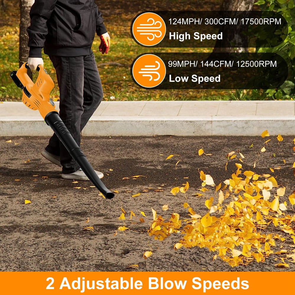 Person using an electric leaf blower to clear yellow leaves from a driveway, showcasing two adjustable blow speeds: 124 MPH and 99 MPH.