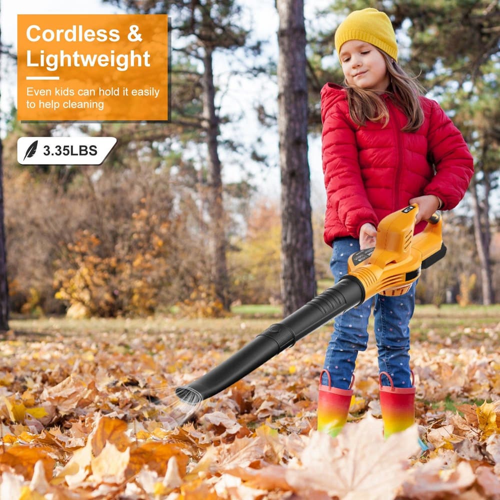 Child-friendly cordless leaf blower, lightweight design (3.35 lbs), being used outdoors amidst autumn leaves.