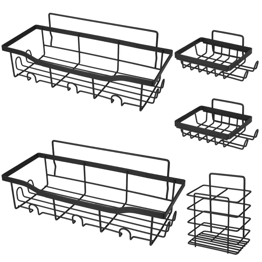 Four-piece black metal wire storage basket set, ideal for organizing kitchen or bathroom essentials, featuring various sizes for versatile storage solutions.