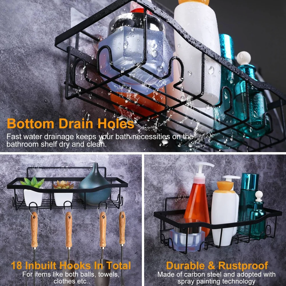 Black bathroom organizer shelf with drain holes and 18 hooks, showcasing bottles and toiletries, designed for durability and rustproofing.