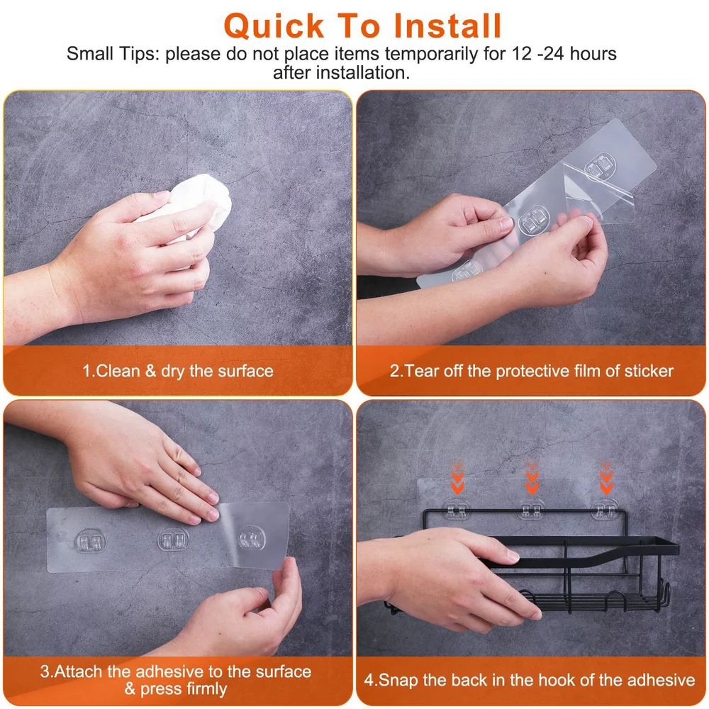 Step-by-step installation guide for a wall-mounted adhesive rack, featuring hands demonstrating cleaning, applying adhesive, and securing the rack.