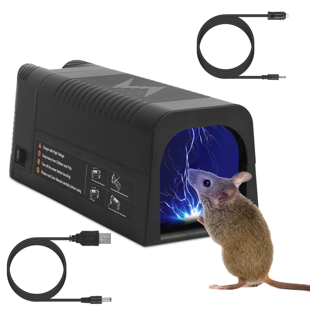 Mouse repellent device with USB connection, featuring a realistic mouse illustration and electric shock effect on display.